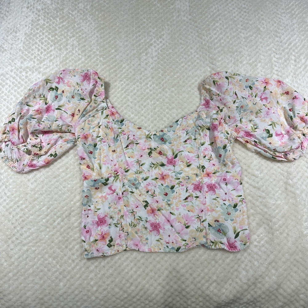 Abercrombie & Fitch Pink and Green Puff Sleeve Crop Blouse